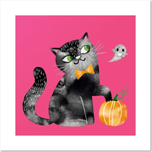 cute cat watercolor halloween Posters and Art